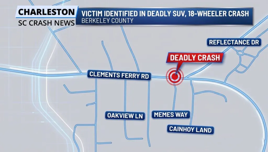Map showing the location of a deadly SUV and 18-wheeler crash on Clements Ferry Road near Reflectance Drive in Berkeley County, South Carolina.