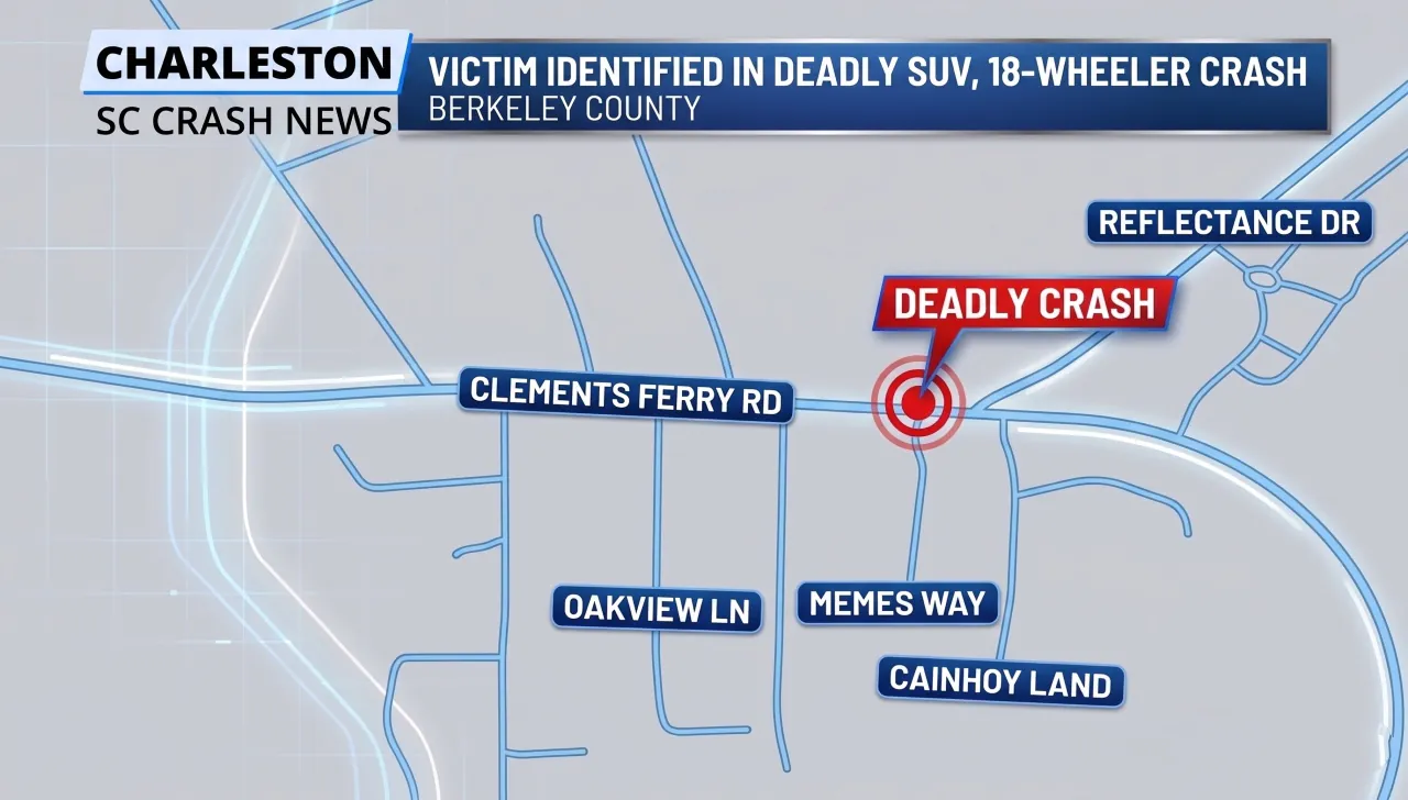 Map showing the location of a deadly SUV and 18-wheeler crash on Clements Ferry Road near Reflectance Drive in Berkeley County, South Carolina.